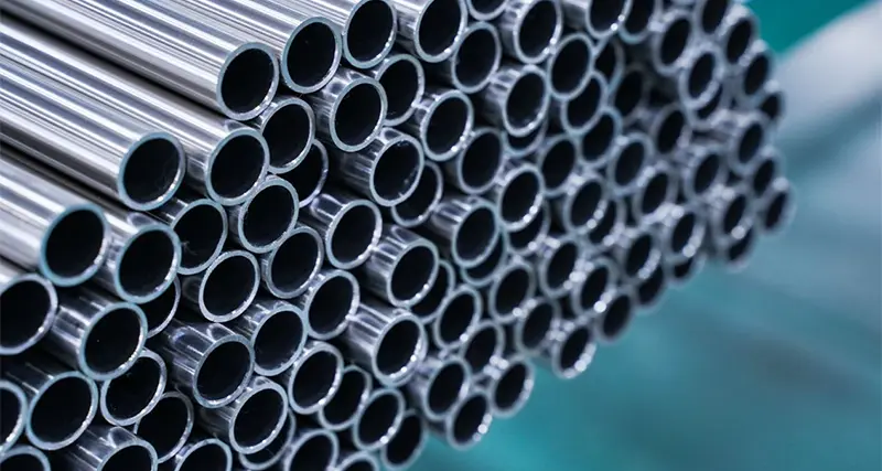 Stacked metal pipes with a reflective surface.