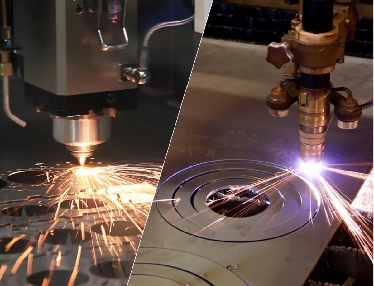 Two machines cutting metal with sparks flying.