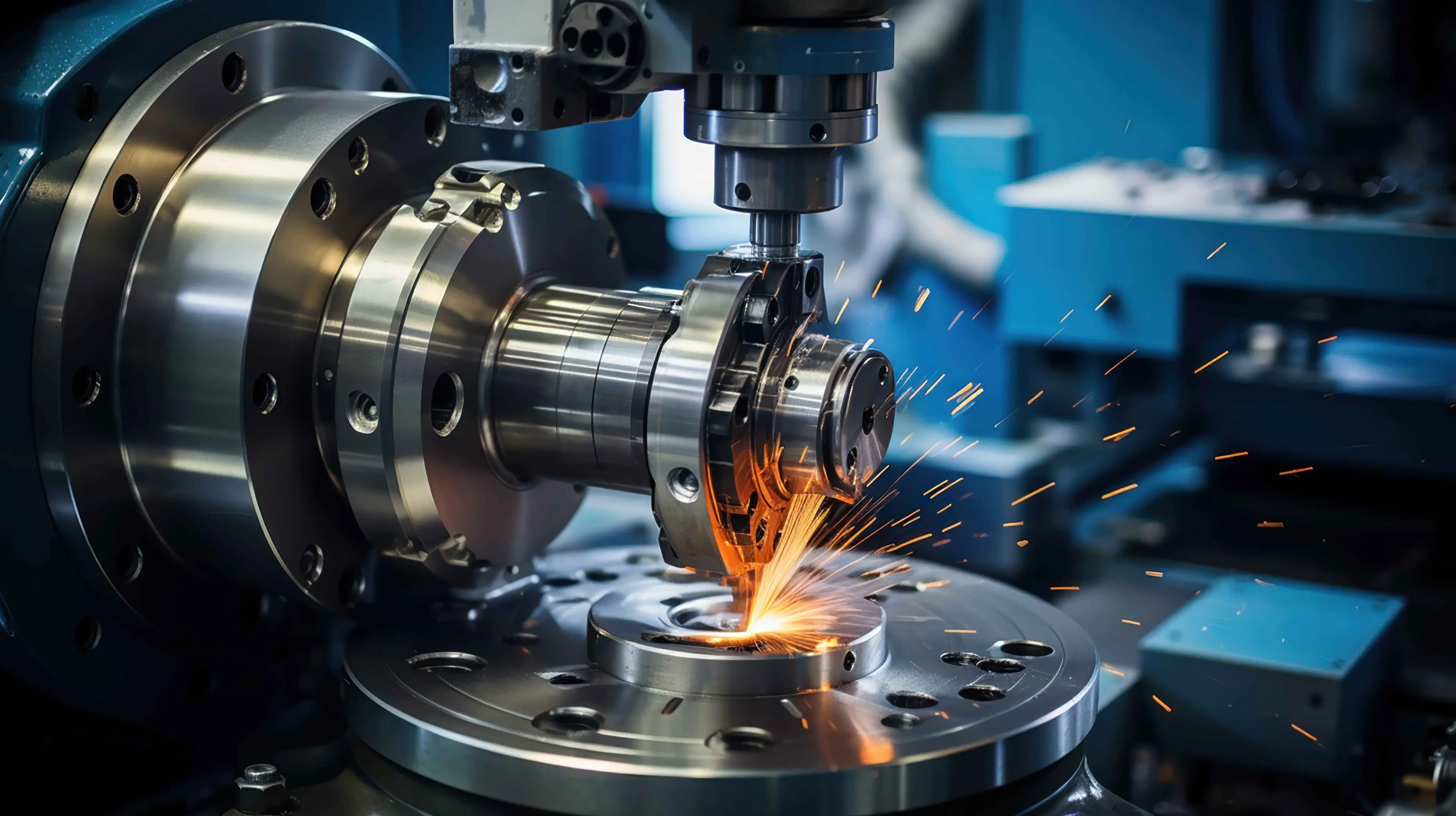 High-precision industrial machine grinding metal with sparks flying.