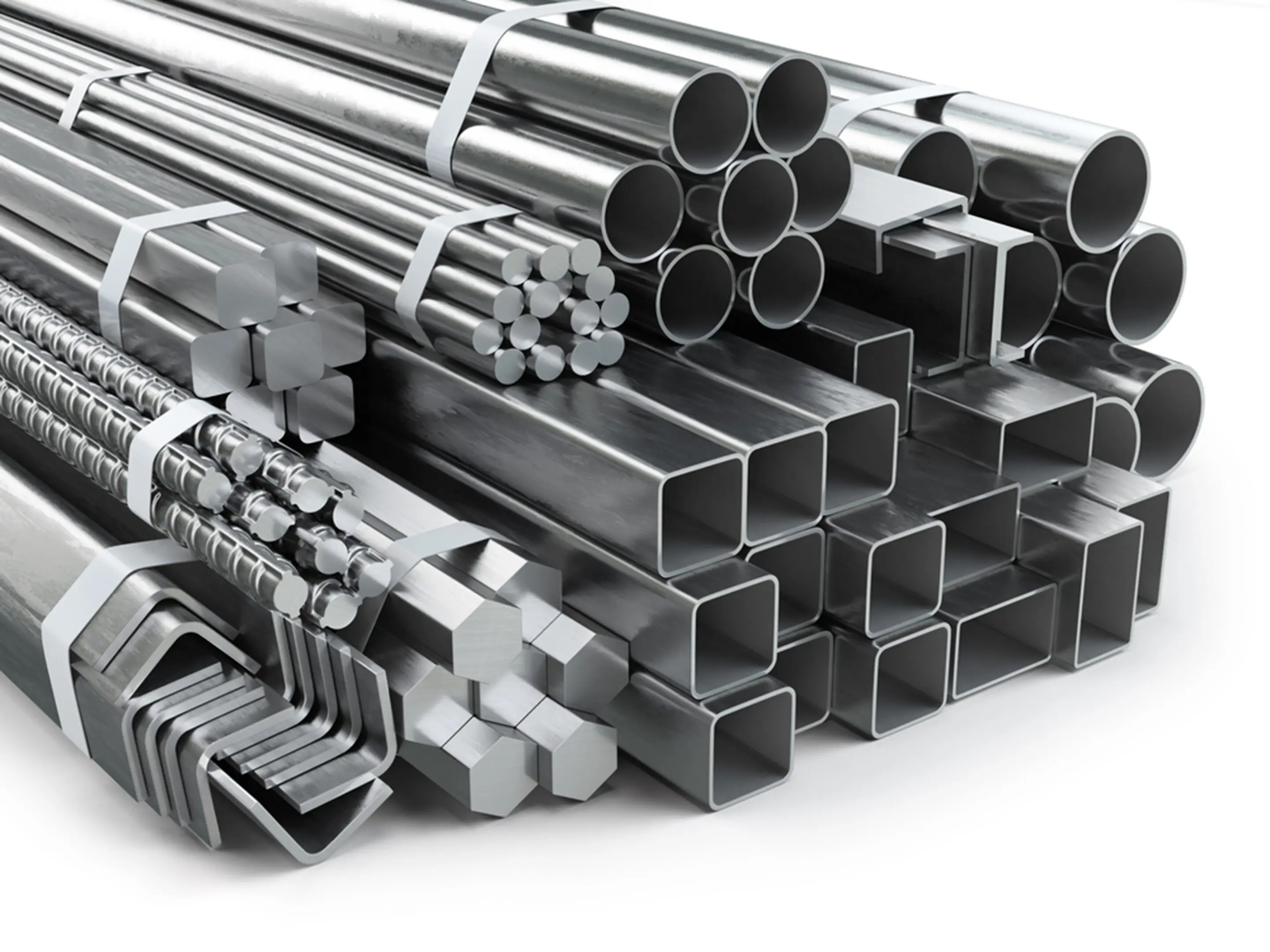 Stack of various metal rods and tubes in different shapes and sizes.