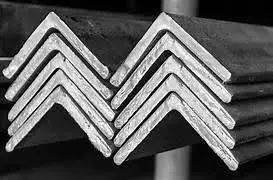 Stacked metal angle bars arranged in a neat pile.