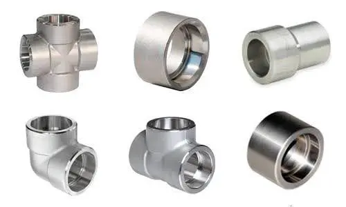 Various stainless steel pipe fittings arranged in two rows.