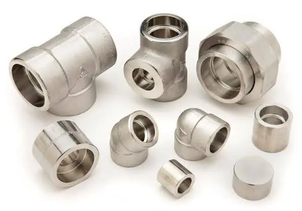 Various stainless steel pipe fittings arranged on a white background.