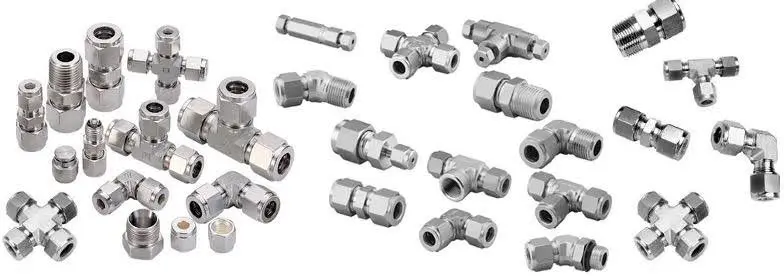 Various metal pipe fittings and connectors arranged on a white background.