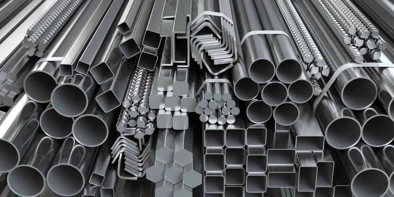 Assorted metal rods and pipes neatly stacked in a warehouse.