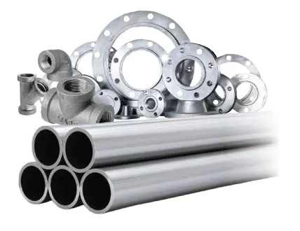 A set of metal pipes and circular metal flanges arranged neatly.