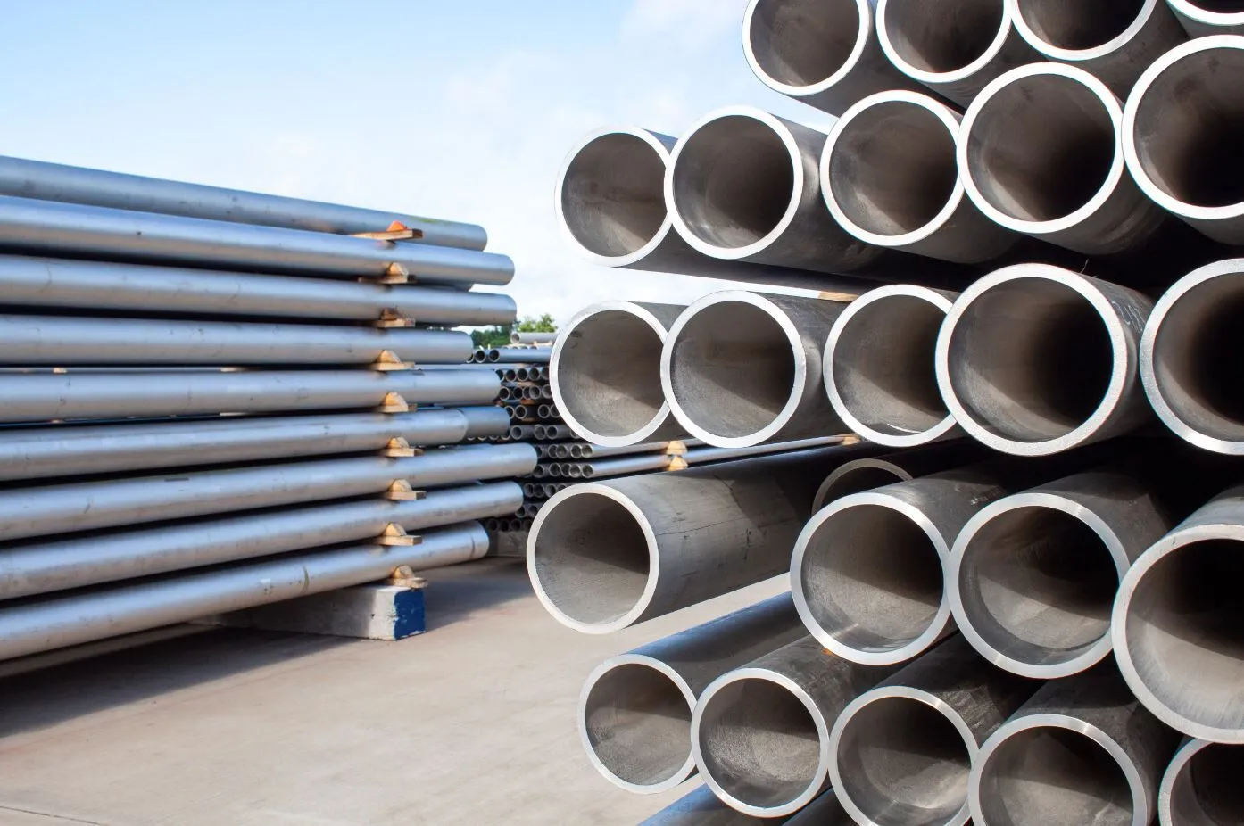 Stacks of metal pipes stored outdoors in an industrial setting.